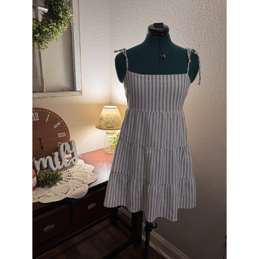 Abercrombie & Fitch Small Blue White Striped Linen Blend Tie Strap Mini Dress